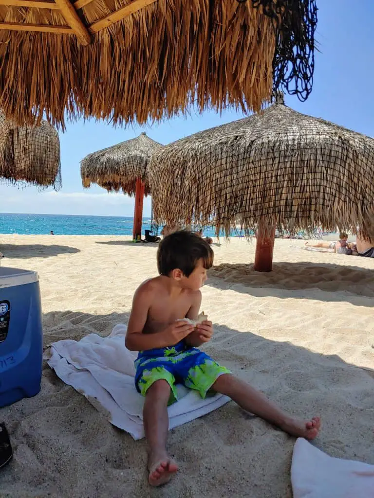 Eli in the shade of a palapa on Palmilla Public Beach
