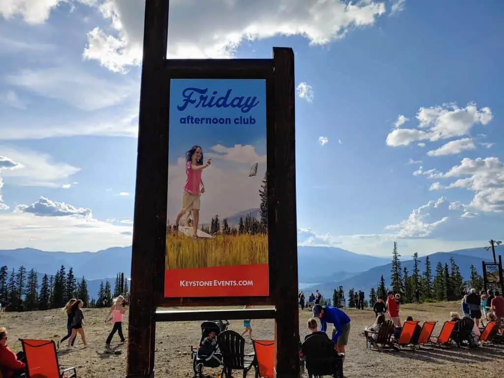 Sign at the top of Keystone Mountain advertising the Friday Afternoon Club