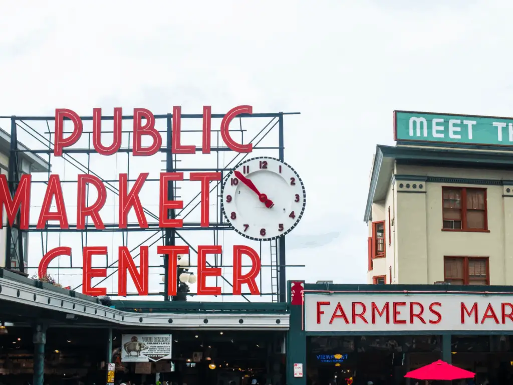 Sign above Pikes Place Market in Seattle Washington