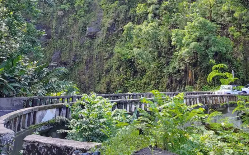 one lane bridge on a hairpin turn on the road to hana maui