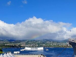 View of the USS Arizona from the deck of the Mighty Mo