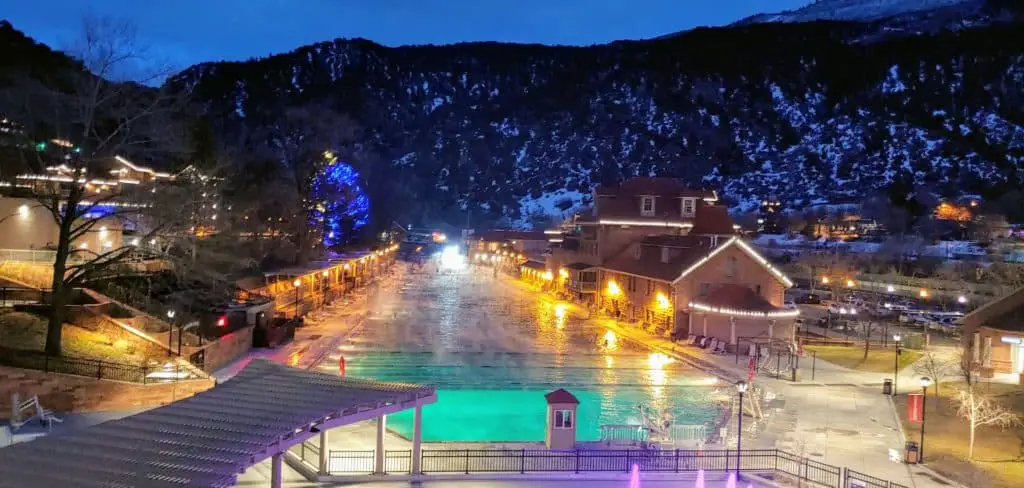 Glenwood Springs pool at night in the winter