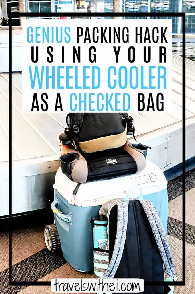 a cooler in front of a luggage carousal - Text- Genius Packing Hack Using Your Wheeled Cooler As A Checked Bag