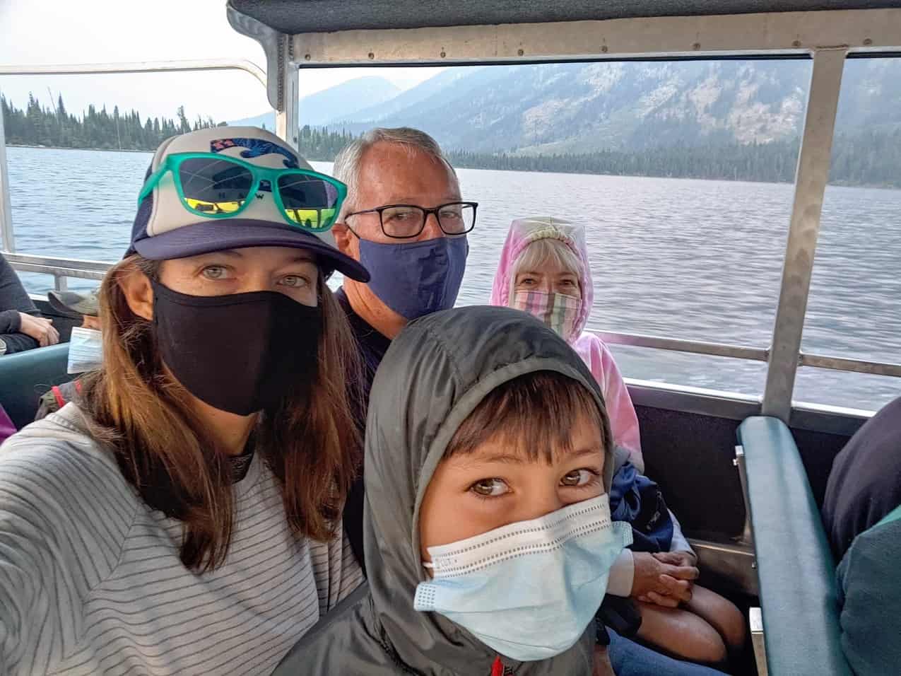 family on the shuttle boat across Jenny Lake in Grand Teton National Park