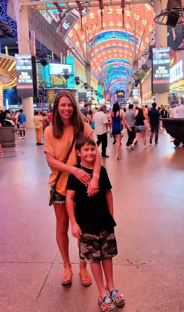 mom and her son at Freemont Street in Las Vegas