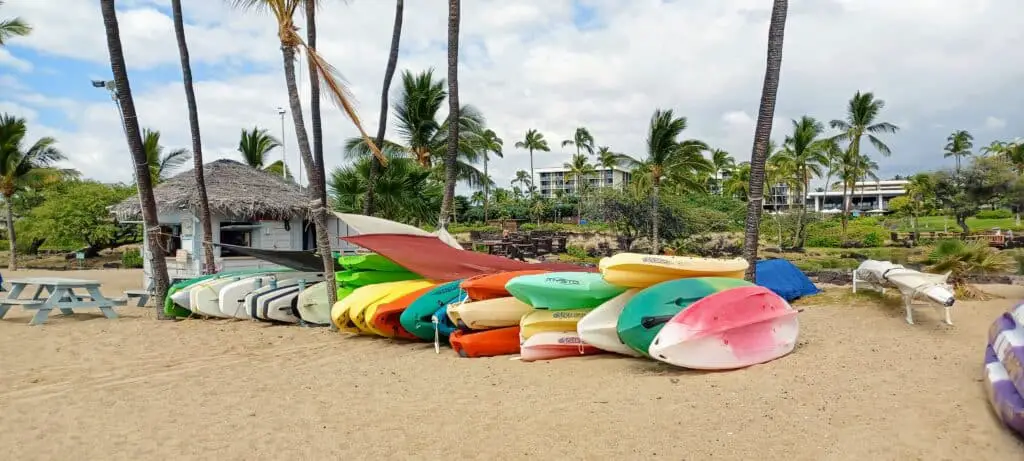 Kayaks for rent outside the Waikoloa Beach Marriott