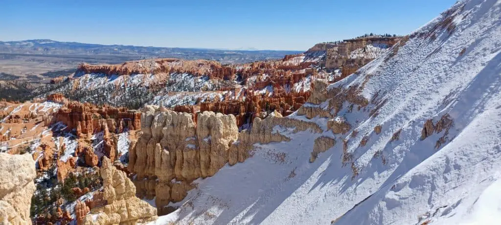Bryce Canyon in the winter, red rocks covered with snow