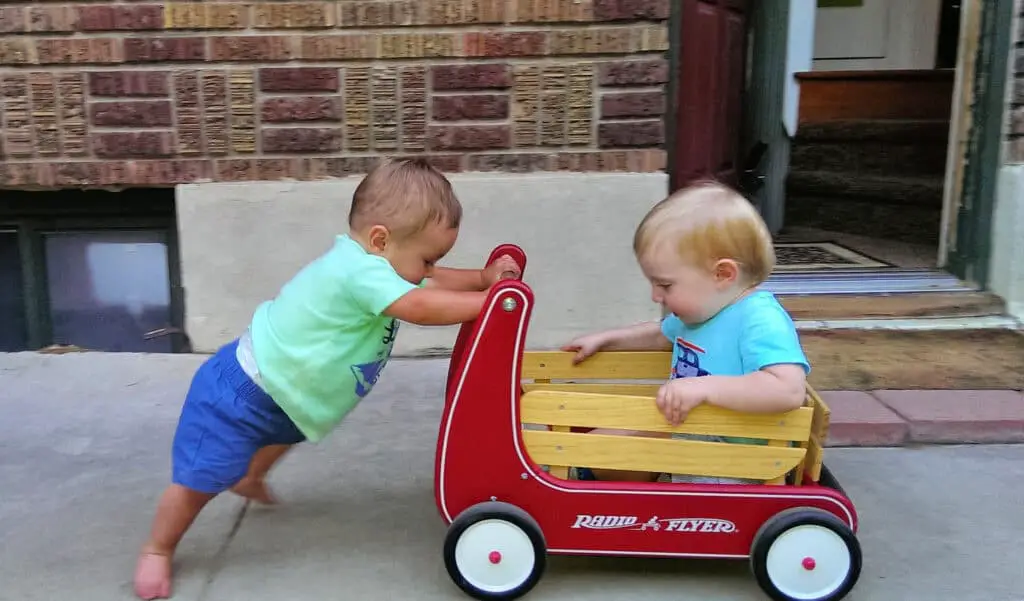 Toddler pushing another toddler in a wagon