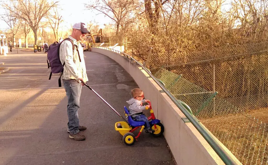 Dad pushing his son in a tricycle with handle at the zoo