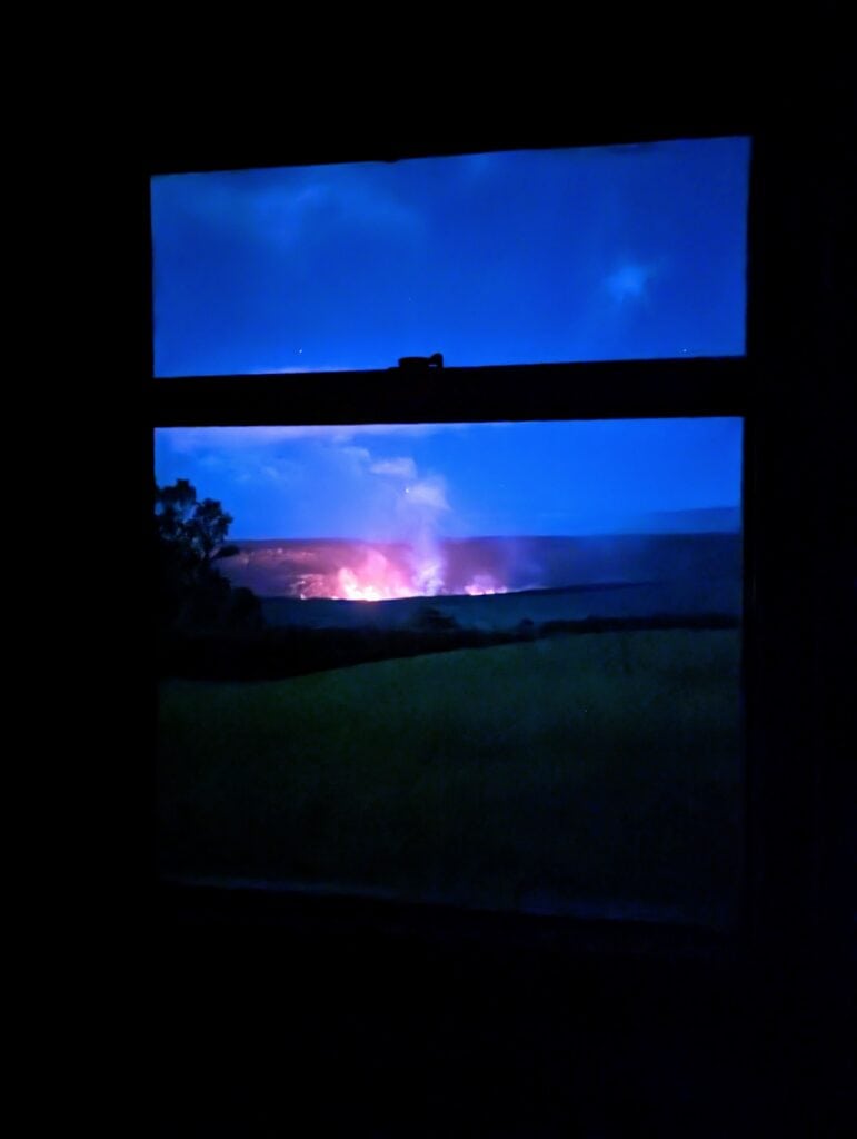 Kilauea Volcano through a window at the Volcano House in Volcano National Park